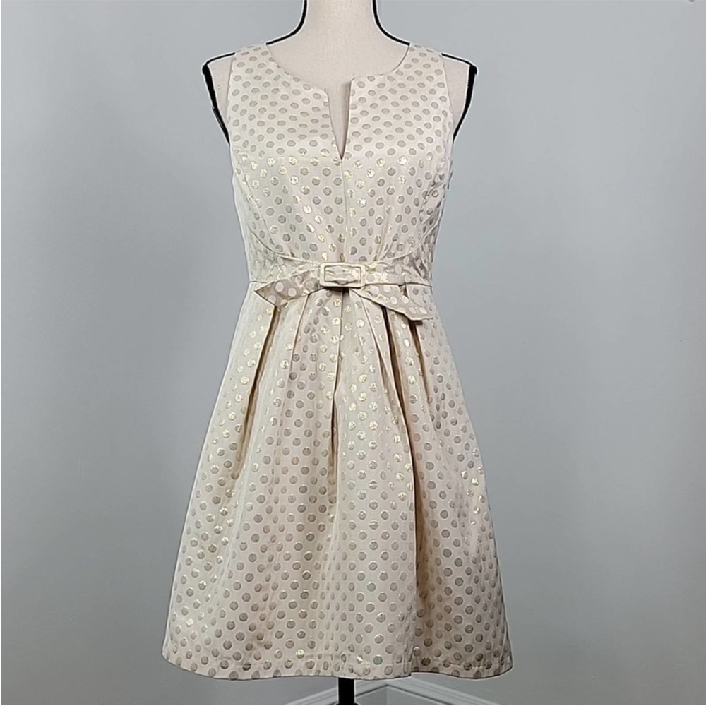 Anthropologie Quillaree Metallic Gold Jacquard Polka Dot Cream A-line Dress 4